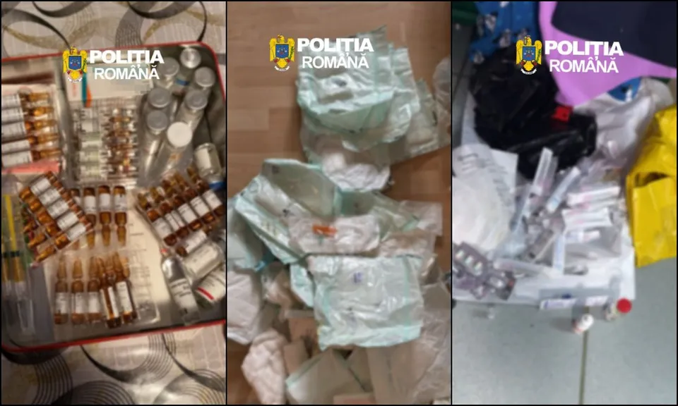 Un colaj de trei fotografii prezintă diverse flacoane de medicamente, ambalaje de materiale sanitare și obiecte medicale dispuse pe suprafețe plane.