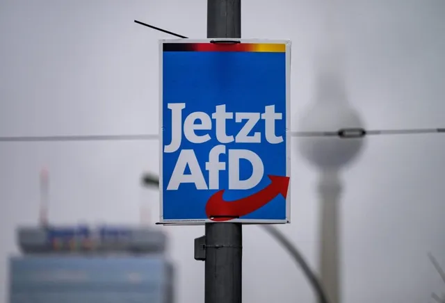 Un afiș albastru cu textul alb "Jetzt AfD" și o săgeată ro 인한 este atașat pe un stâlp metalic sub un cer gri.