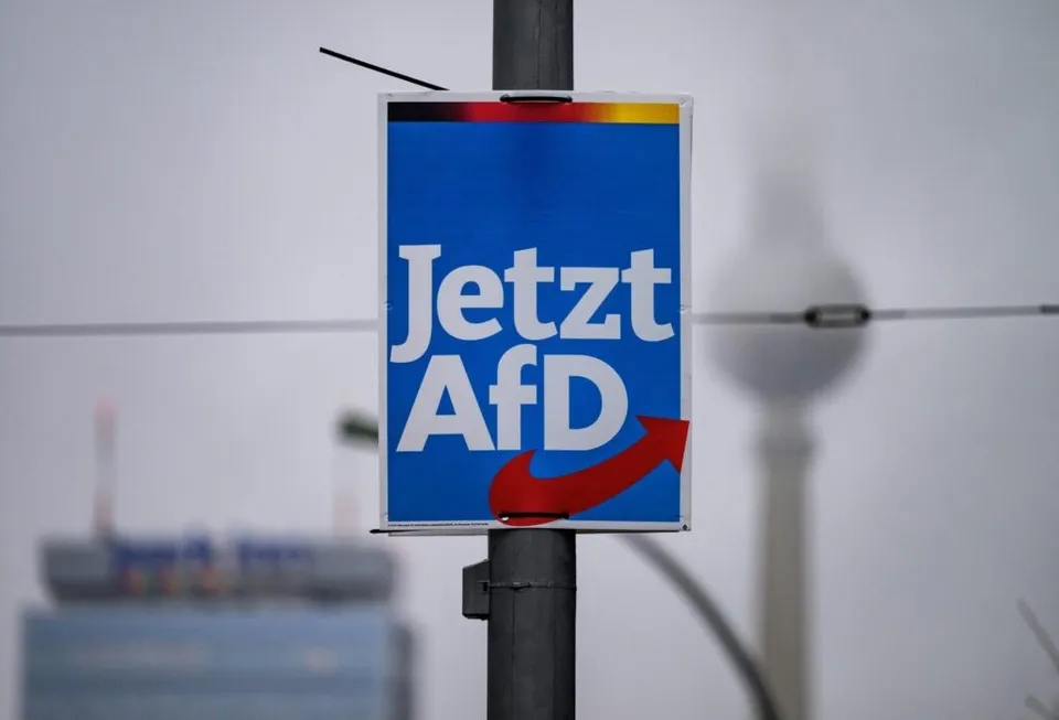 Un afiș albastru cu textul alb "Jetzt AfD" și o săgeată ro 인한 este atașat pe un stâlp metalic sub un cer gri.