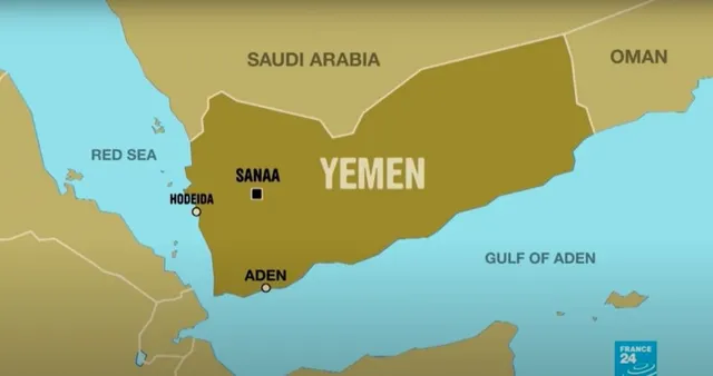 O hartă politică a Yemenului, care indică locațiile orașelor Sanaa, Hodeida și Aden, alături de regiunile Arabia Saudită, Oman și Golful Aden.