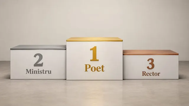 Un podium cu trei trepte, având inscripționate "1 Poet", "2 Ministru" și "3 Rector", pe un fundal neutru.