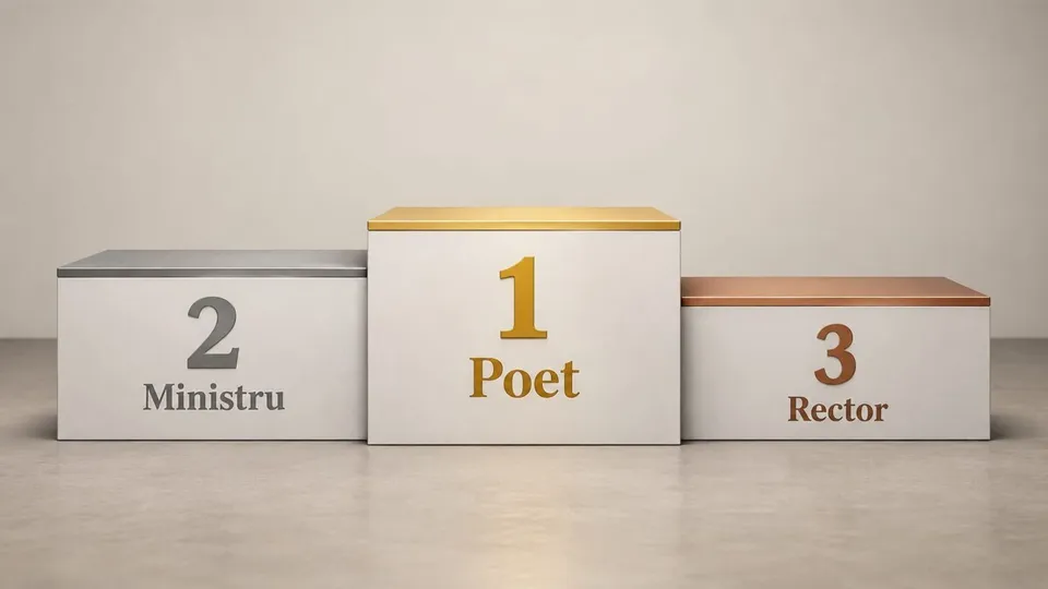 Un podium cu trei trepte, având inscripționate "1 Poet", "2 Ministru" și "3 Rector", pe un fundal neutru.