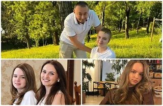 Un bărbat stă lângă o fată într-un parc, iar sub ele apar trei portrete de femei cu părul lung.