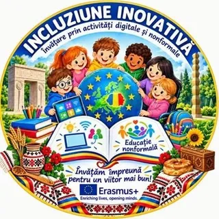 Un logo circular conține desene animate cu copii, un glob cu steagul României, un laptop, cărți, un coș cu fructe și elemente tradiționale românești.