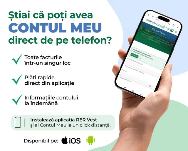 O mână ține un smartphone care afișează o interfață de aplicație mobilă pe un fundal alb cu elemente grafice verzi și text în limba română.