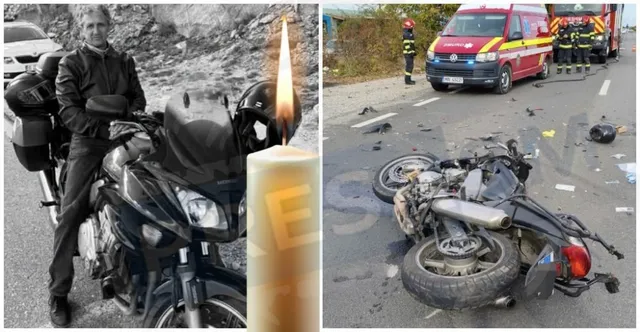 Imagine compusă cu un bărbat lângă o motocicletă și o lumânare aprinsă, alături de o motocicletă răsturnată pe drum lângă o ambulanță și salvatori.