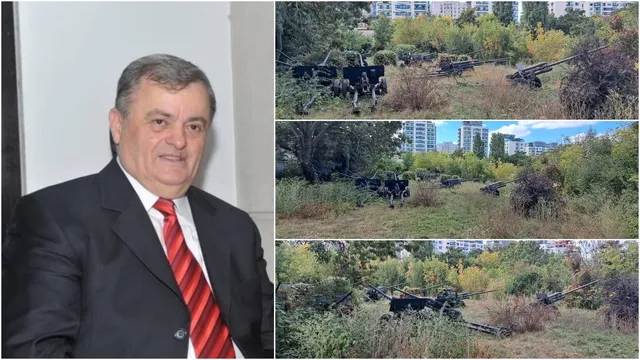 Un colaj format dintr-un portret al unui bărbat în costum și cravată și trei fotografii cu tunuri amplasate în vegetație.