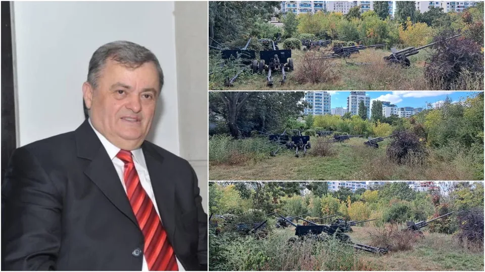 Un colaj format dintr-un portret al unui bărbat în costum și cravată și trei fotografii cu tunuri amplasate în vegetație.