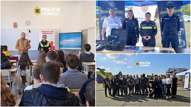 Patru persoane în uniformă stau în spatele unei mese cu echipamente, în timp ce un grup de oameni stă pe scaune în fața lor într-o încăpere.