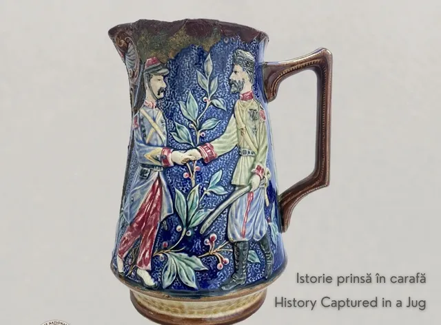 O carafă din ceramică decorată cu două figuri masculine în uniforme istorice care se strâng de mână pe un fundal albastru cu motive vegetale.