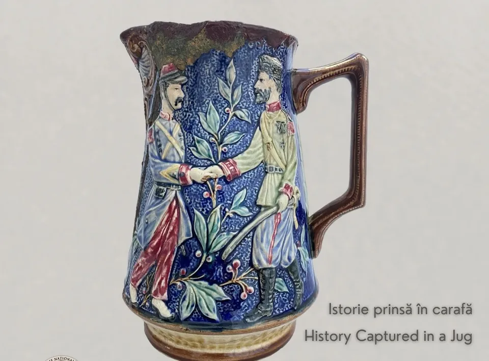O carafă din ceramică decorată cu două figuri masculine în uniforme istorice care se strâng de mână pe un fundal albastru cu motive vegetale.