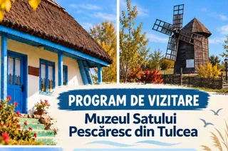 Un colaj format dintr-o casă tradițională cu acoperiș de paie și un moric de vânt din lemn sub un cer senin.