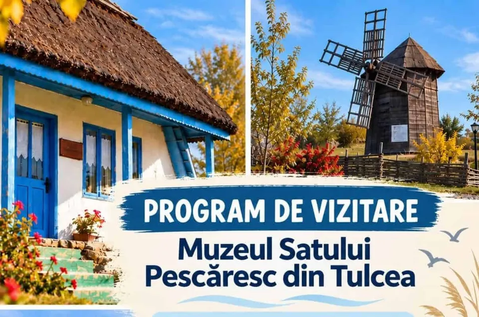Un colaj format dintr-o casă tradițională cu acoperiș de paie și un moric de vânt din lemn sub un cer senin.