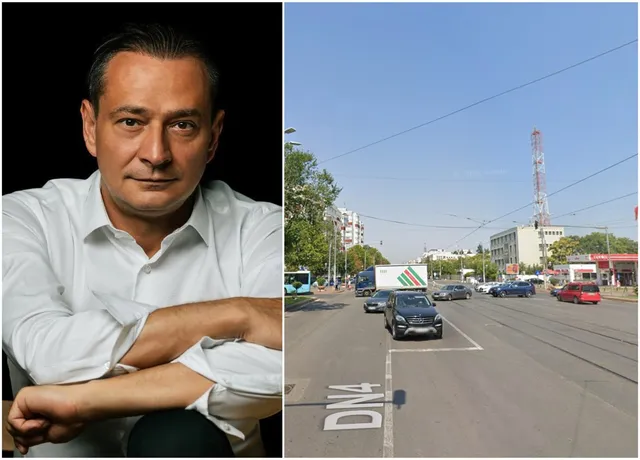 Un bărbat cu cămașă albă stă în prim-plan, iar în partea dreaptă se vede o stradă cu mașini, tramvaie și un turn de comunicații sub cerul senin.