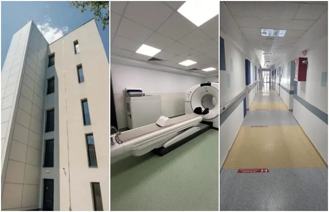Un colaj format din o clădire înaltă, o cameră cu un aparat de scanare medicală și un coridor de spital cu pereți albi.