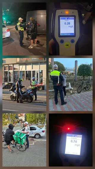 Imagini cu polițiști în uniformă, un dispozitiv de testare a alcoolului cu afișaje digitale și persoane pe biciclete sau motociclete.
