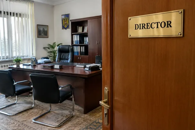 O ușă de lemn cu un placă pe care scrie DIRECTOR deschide spre un birou cu un scaun de piele neagră și un dulap maro.