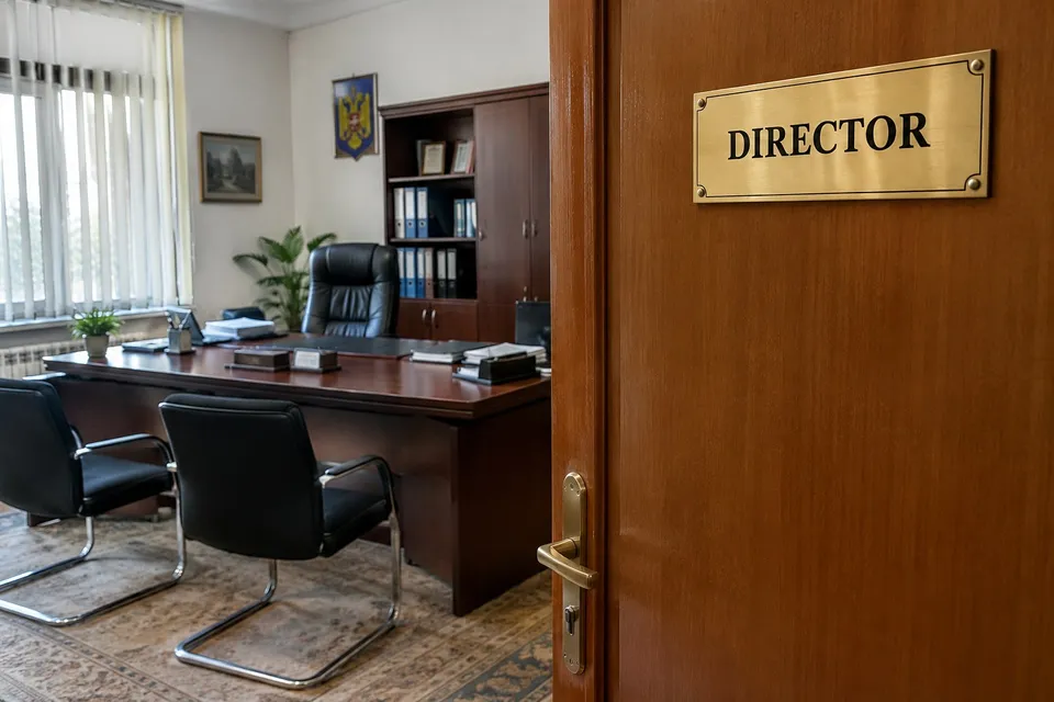 O ușă de lemn cu un placă pe care scrie DIRECTOR deschide spre un birou cu un scaun de piele neagră și un dulap maro.