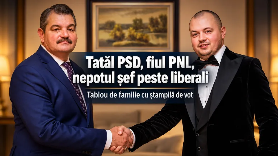 Un bărbat cu mustață în costum albastru strânge mâna unui bărbat cu barbă scurtă îmbrăcat într-un frac negru.
