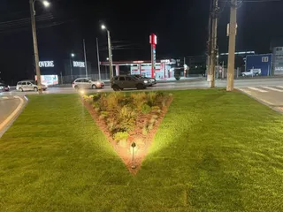 O insulă triunghiulară cu gazon, plante și corpuri de iluminat este mărginită de șosea, mașini, stâlpi și clădiri comerciale nocturne.