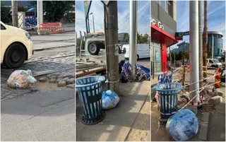 Un colaj de trei fotografii prezintă saci de gunoi pe trotuar, un stâlp de iluminat, un coș de gunoi albastru și un șantier delimitat.