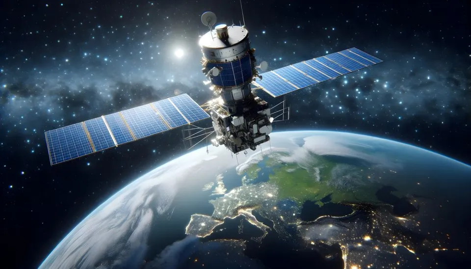 Un satelit cu panouri solare este poziționat în spațiu deasupra globului terestru iluminat parțial de lumină și nori.