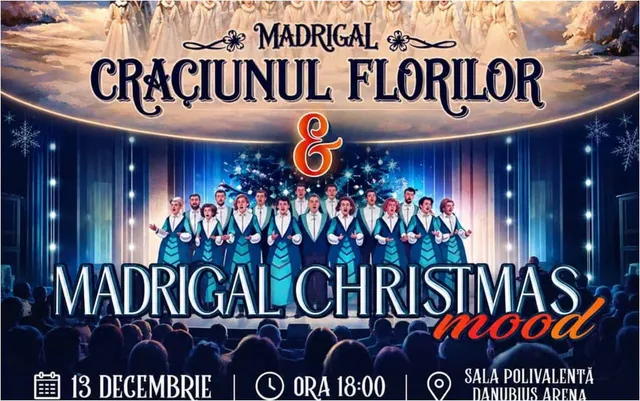 O afișare publicitară pentru un concert de Crăciun cu un cor pe scenă în fața unui public, ilustrând evenimentul muzical anunțat.