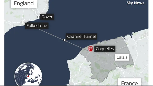 Harta arată poziția dintre Folkestone, Dover și Coquelles, incluzând Canalul Mânecii și Tunelul Canalului.