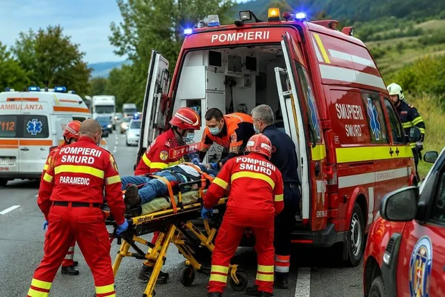 Patru persoane în uniforme roșii și galbenii transportă o persoană pe o targă lângă un vehicul de intervenție de culoare roșie.