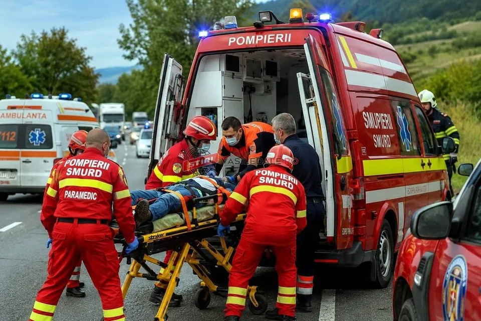 Patru persoane în uniforme roșii și galbenii transportă o persoană pe o targă lângă un vehicul de intervenție de culoare roșie.