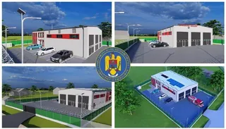 Patru reprezentări digitale ale unei clădiri albe cu ferestre roșii, parcare cu mașini și un camion de serviciu, înconjurate de vegetație și cer albastru.