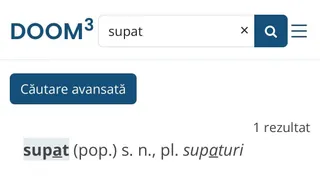 Captură de ecran a unui motor de căutare online afișând rezultatul pentru cuvântul supat într-un dicționar digital.