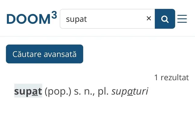 Captură de ecran a unui motor de căutare online afișând rezultatul pentru cuvântul supat într-un dicționar digital.