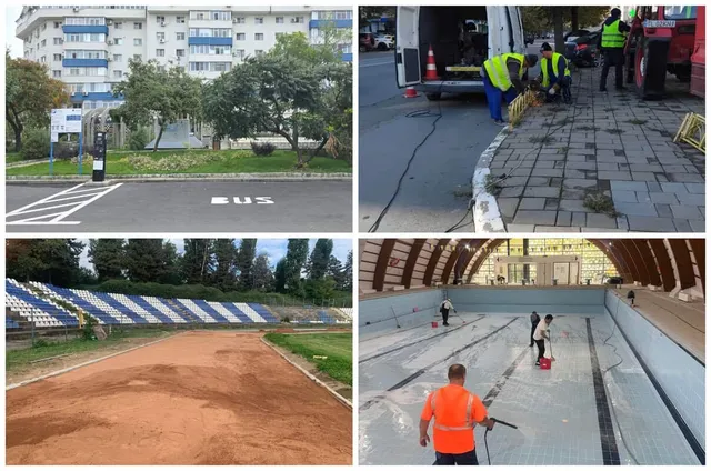Un colaj de patru imagini prezintă un bloc de locuințe, muncitori pe un trotuar, un teren de sport cu tribune și o piscină aflată în curățare.
