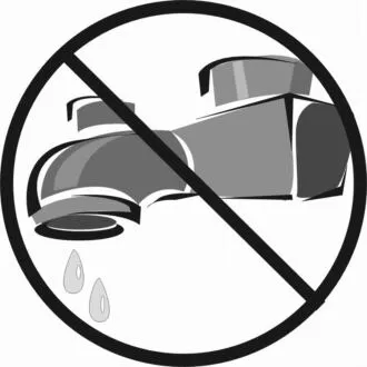 O pictogramă albă și neagră reprezentând un robinet din care curg două picături de apă, încadrată într-un cerc cu o linie diagonală de interdicție.