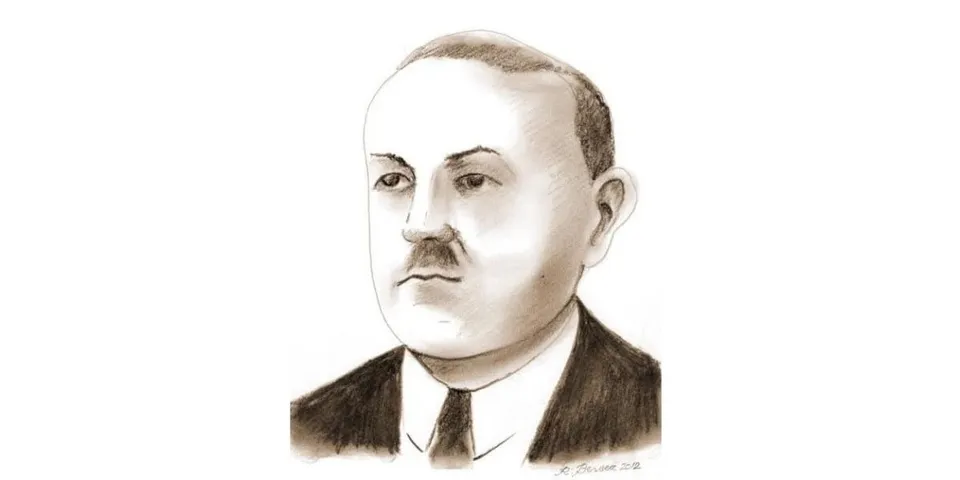 Desen sepia reprezentând portretul unui bărbat cu mustață, purtând cămașă albă, cravată și sacou întunecat, pe un fundal alb simplu.