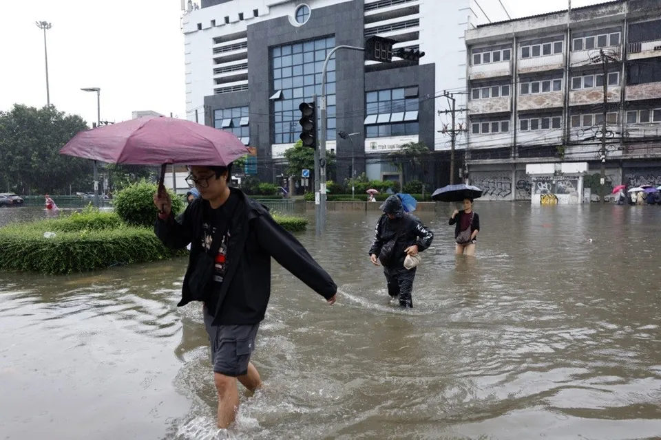 O persoană cu o umbrelă roz merge prin apă inundată pe un drum stradal lângă clădiri și vegetație.