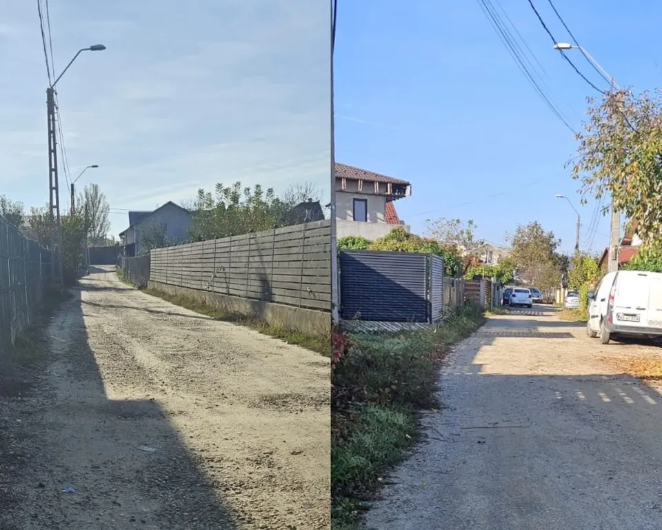 Două fotografii prezintă drumuri de pietriș și asfalt cu garduri, case și vegetație sub un cer senin.