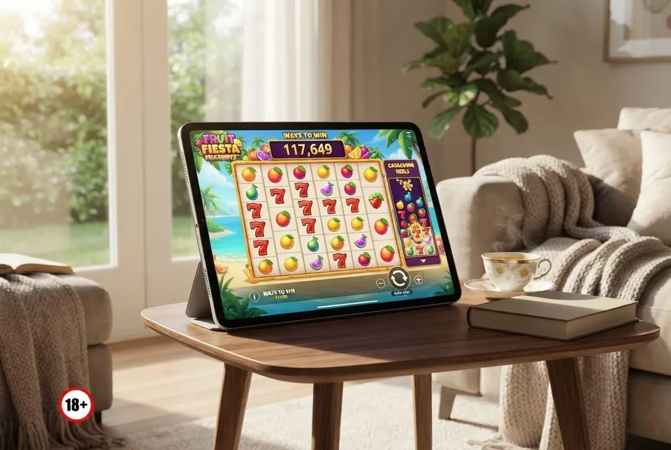 Un tabletă cu un joc de tip slot pe ecran este așezată pe o masă de lemn într-o cameră luminată de soare lângă o canapea și o plantă.