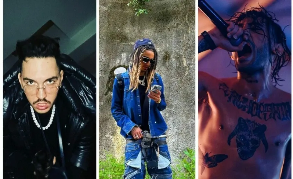 Un colaj format din trei fotografii cu un bărbat în diferite poziții, purtând o jachetă neagră, o jachetă albastră cu blugi și fiind torzos cu tatuaje.