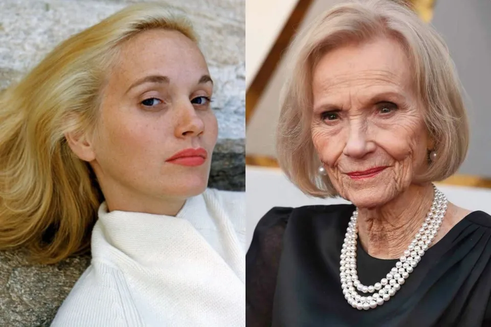 Un colaj format din două fotografii de portret cu femei, una cu părul blond și haine albe, iar cealaltă cu părul gri și un colier de perle.