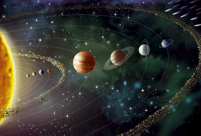 O ilustrație artistică prezintă planete de diferite dimensiuni și culori orbitând o stea galbenă strălucitoare în interiorul unui sistem cu inele de particule.