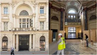 O imagine compusă prezintă o fațadă de clădire clasică și un interior cu coloane înalte unde un bărbat poartă vestă reflectorizantă galbenă.