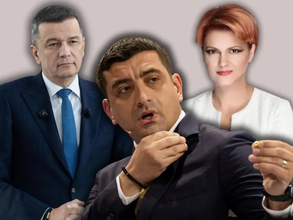 Three formally dressed people are shown together, with the central man holding his collar and the woman on the right holding a small object.