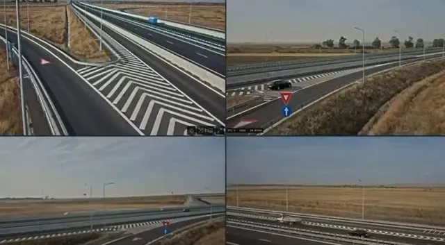 Colaj format din patru capturi de pe camere de supraveghere care înregistrează porțiuni de autostradă cu benzi marcate și vehicule în mișcare.