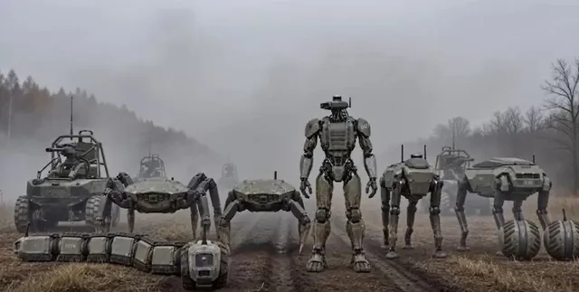 Mai mulți roboți militari de diverse forme, inclusiv un robot umanoid și unii cu picioare multiple, sunt poziționați pe un teren deschis și noros.