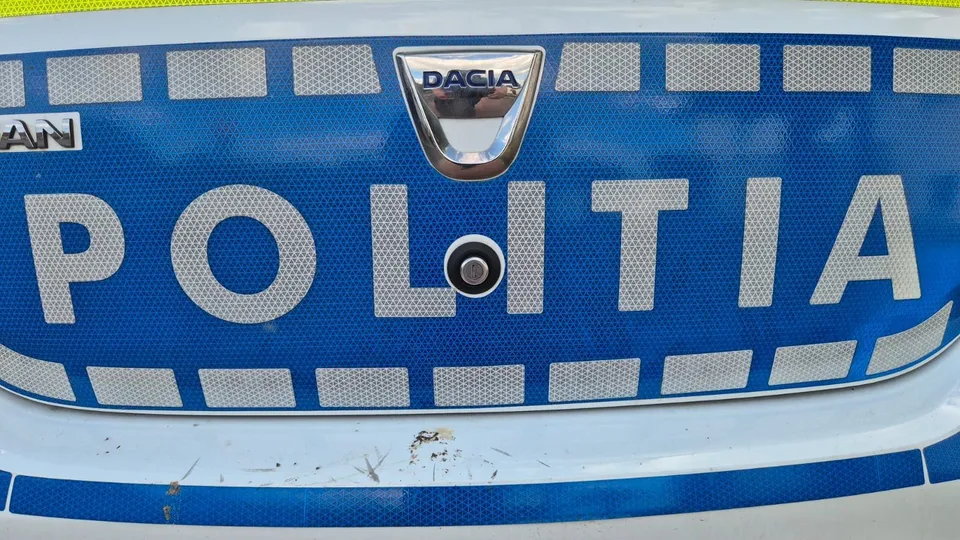 Un prim-plan al unei grilaje de radiator albastre de pe un vehicul, pe care este aplicat logo-ul Dacia și textul POLITIA.