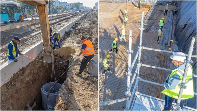 O excavator lucrează la o șanț adânc într-un șantier, în timp ce lucrători cu veste reflectorizante stau în apropiere.