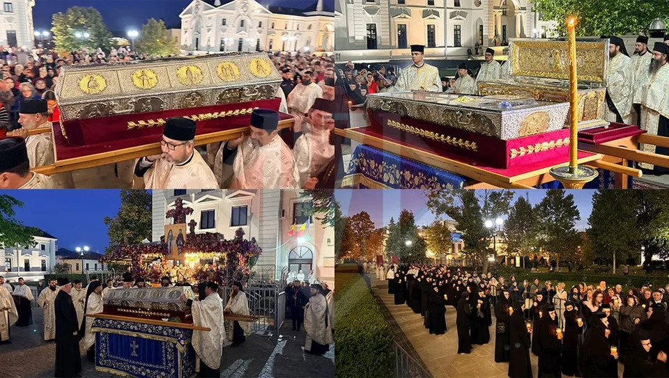 Un colaj de trei fotografii prezintă grupuri de oameni în haine religioase și un obiect decorat purtat pe umeri în timpul unei procesiuni nocturne.