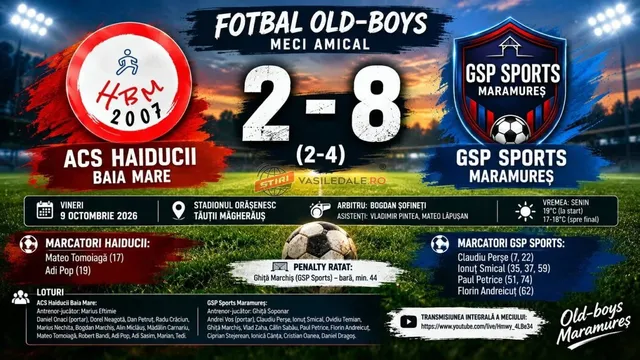 Un afiș grafic prezintă un scor de fotbal de 2 la 8 pe un fundal de teren de sport sub lumină artificială.